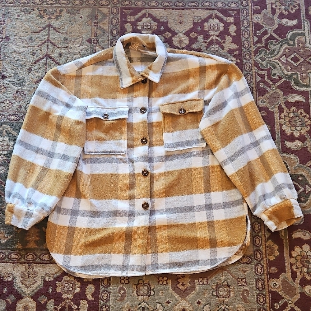 Yellow and White Utility Jacket with Plaid Pattern